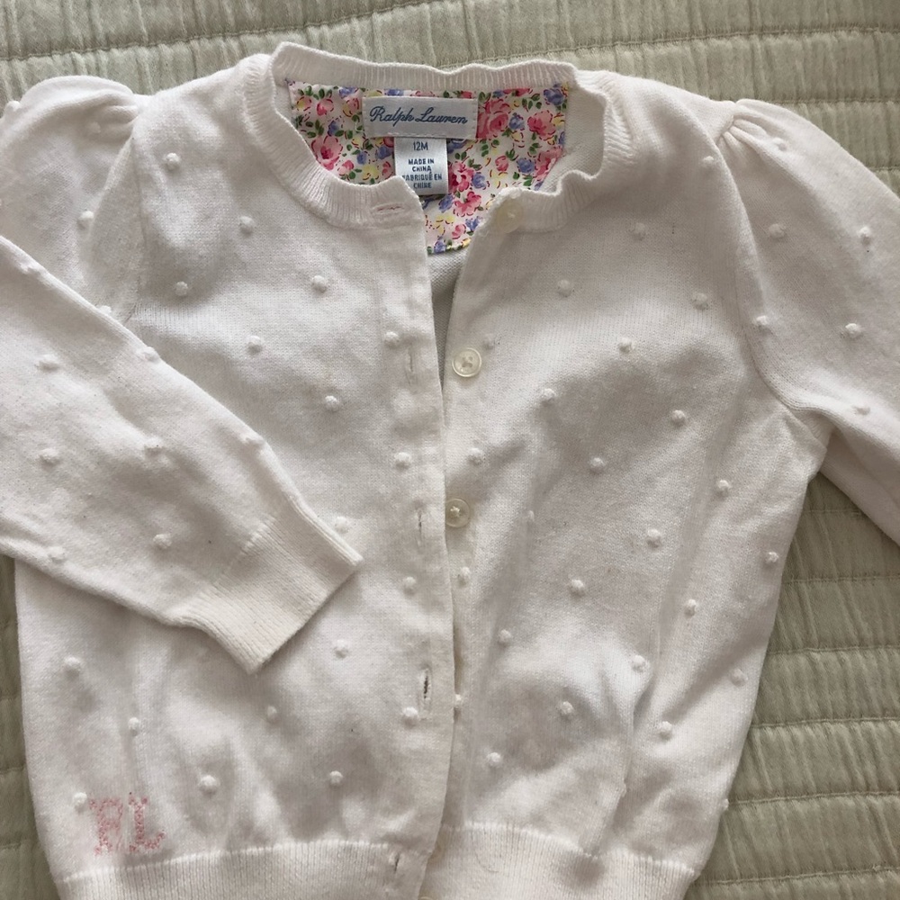 Ralph Lauren infant cardigan, sz 12 mo. Color white.